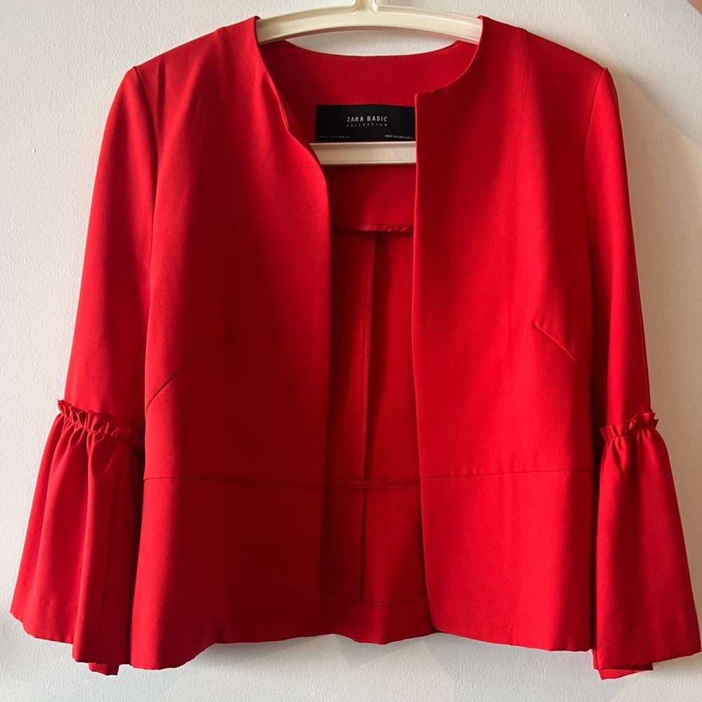Zara Red Cropped Blazer with Flare Sleeves